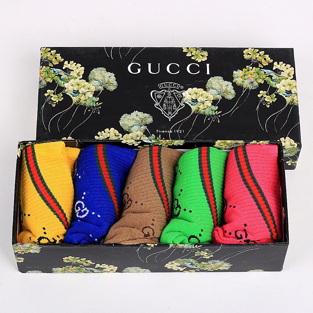 Guc GG Logo Designed 5 In 1 Cotton Pink, Green, Yellow, Brown And Blue Socks - Obeezi.com