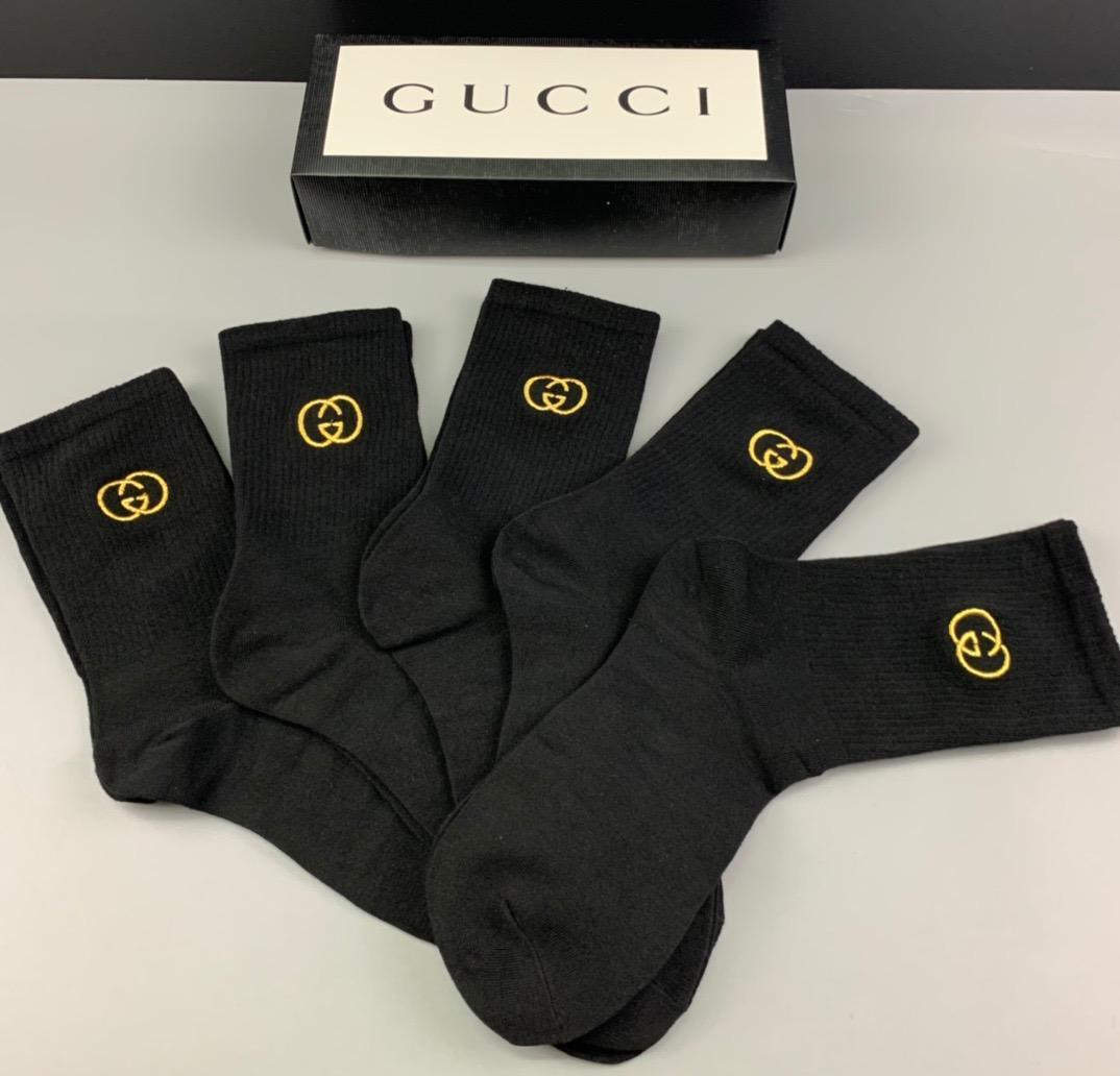 Guci Gold GG Logo Designed Black 5 Pairs Socks - Obeezi.com
