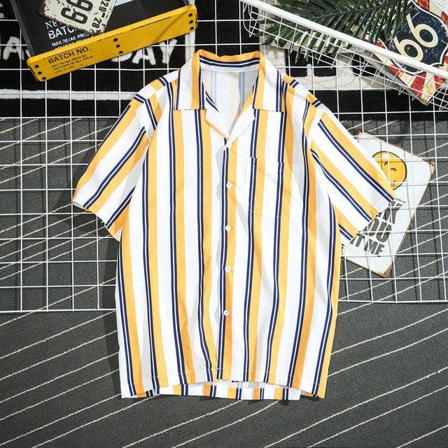 Hawaiian Short Sleeves Stripes Print Casual Men's Shirt-Yellow - Obeezi.com