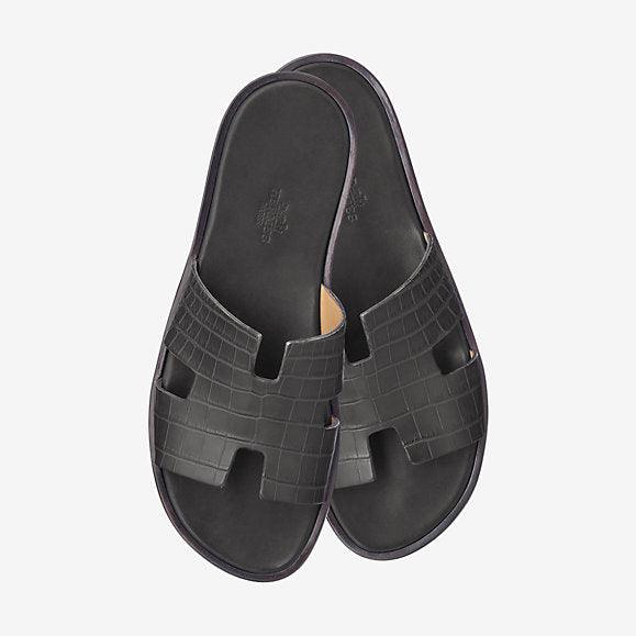 Hermes Izmir Men's Croc Leather Sandals Black - Obeezi.com