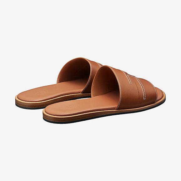 Hermes Izmir Pacific Men's Leather Sandals Brown Calfskin - Obeezi.com