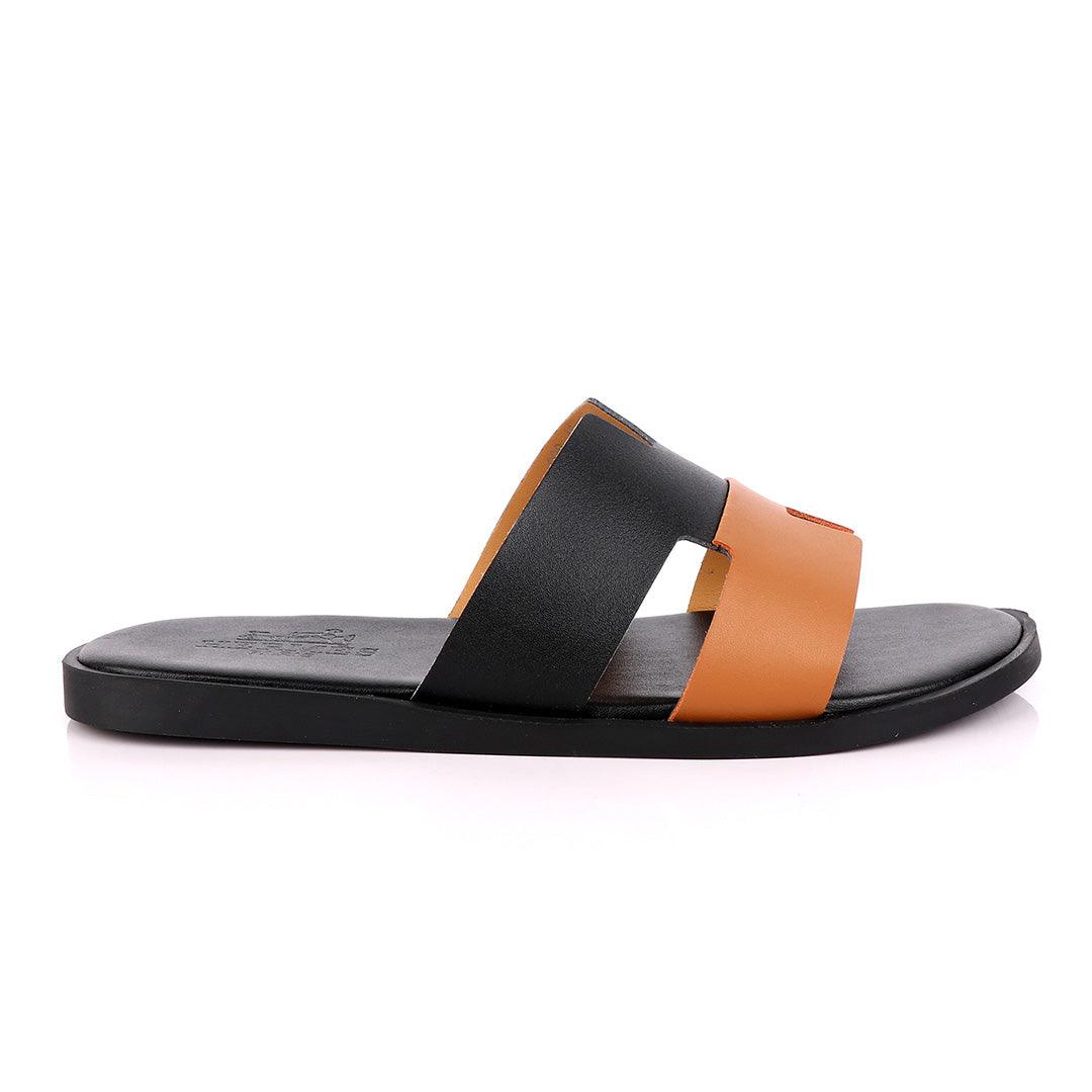 Hermes Paris Black and Brown Leather Slippers - Obeezi.com
