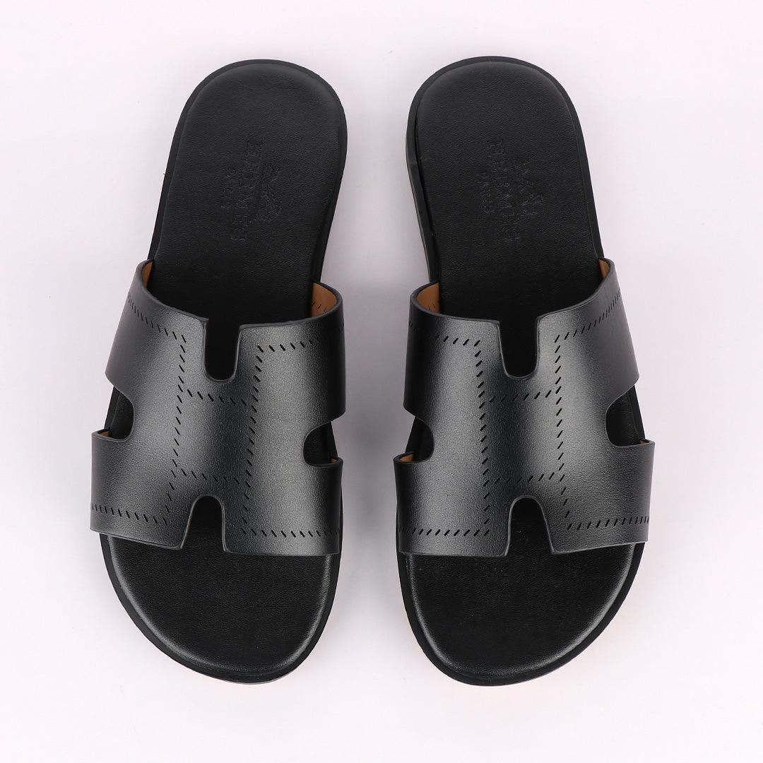 Hermes Paris Black Pattern Design Black Leather Slippers - Obeezi.com