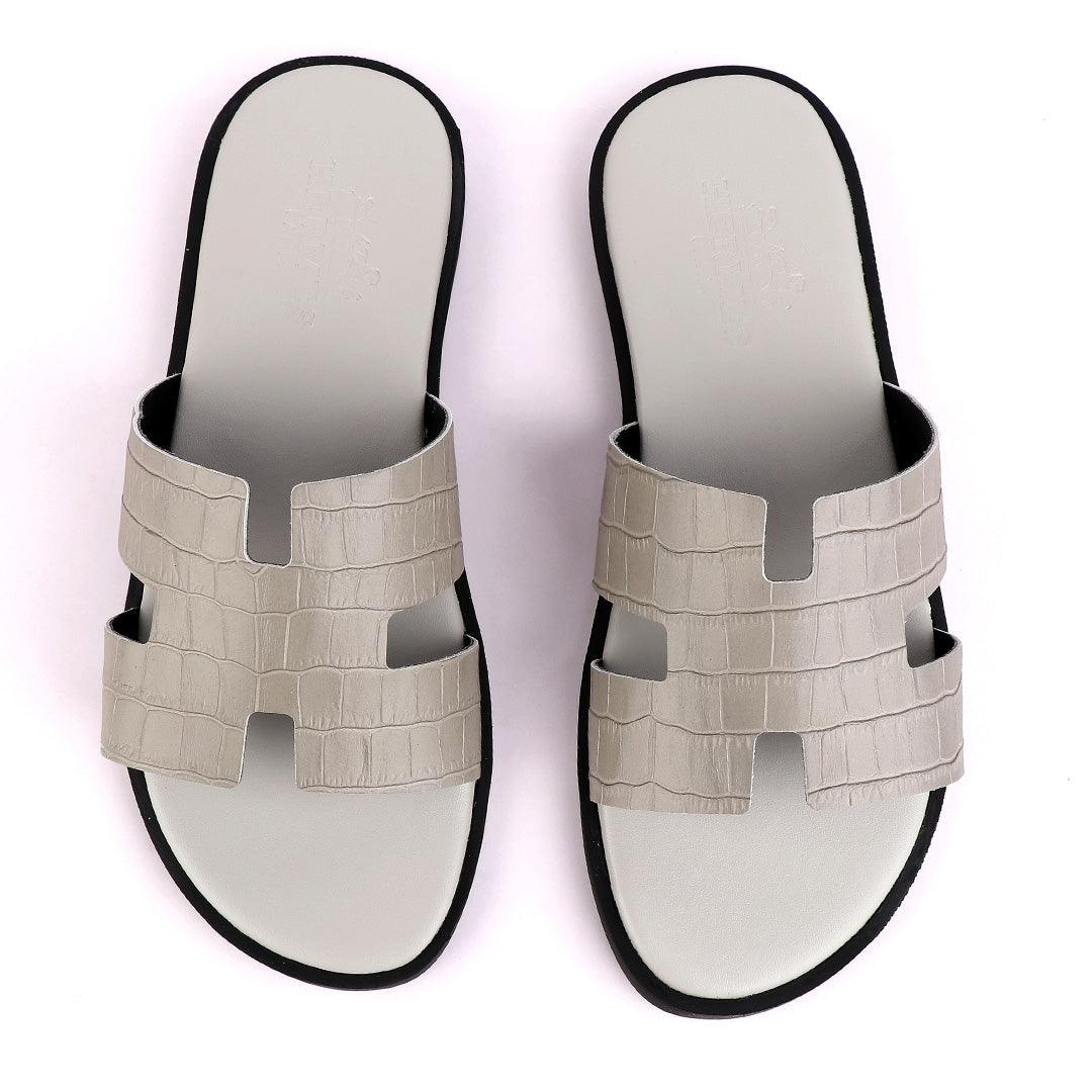 Hermes Paris Grey Croc Patterned Leather Slippers. - Obeezi.com