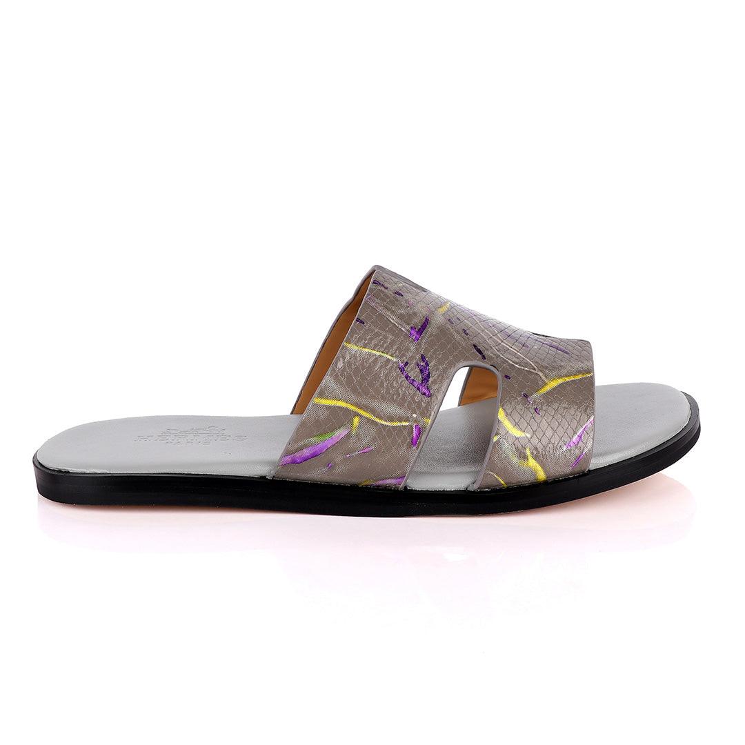 Hermes Paris Grey With Purple and Yellow Design Leather Slippers - Obeezi.com