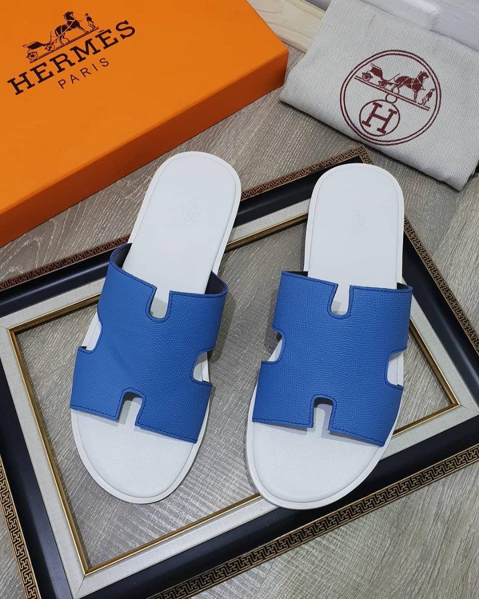 Hermes Paris Men Sandals Izmir Veau Blue White - Obeezi.com
