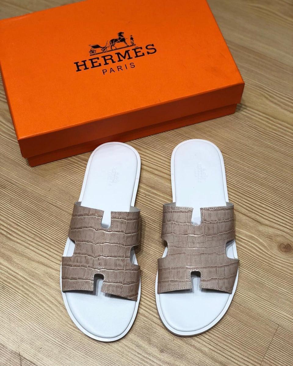 Hermes Paris Men Sandals Izmir Veau -WHITE/ Ash - Obeezi.com