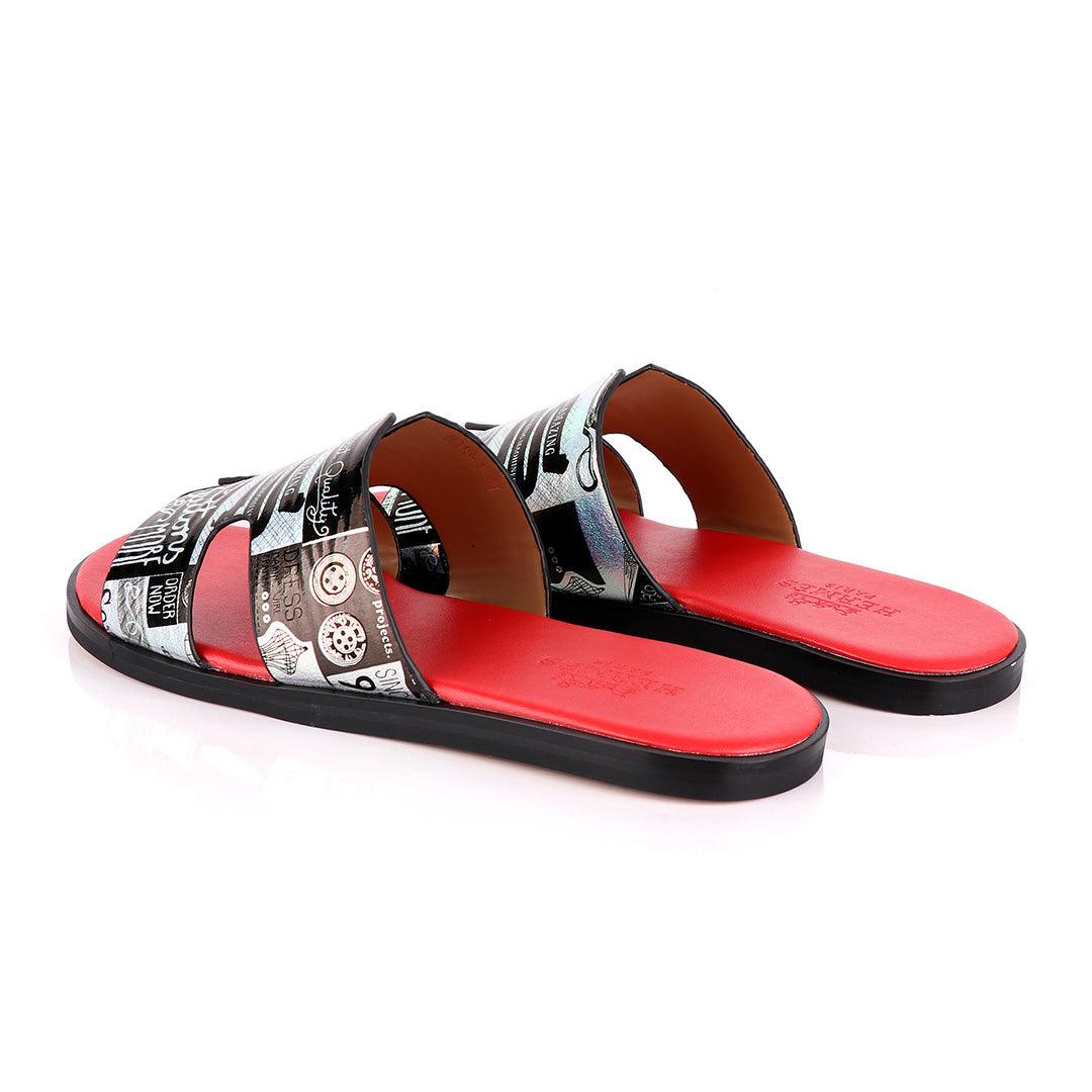 Hermes Paris Silver With Black Design and Red Foot Lay Leather Slippers - Obeezi.com