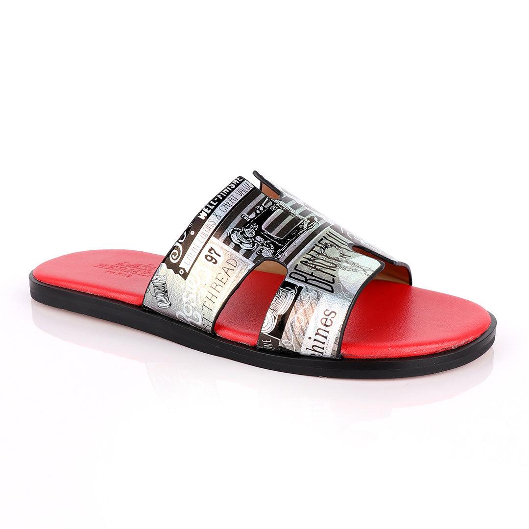 Hermes Paris Silver With Black Design and Red Foot Lay Leather Slippers - Obeezi.com