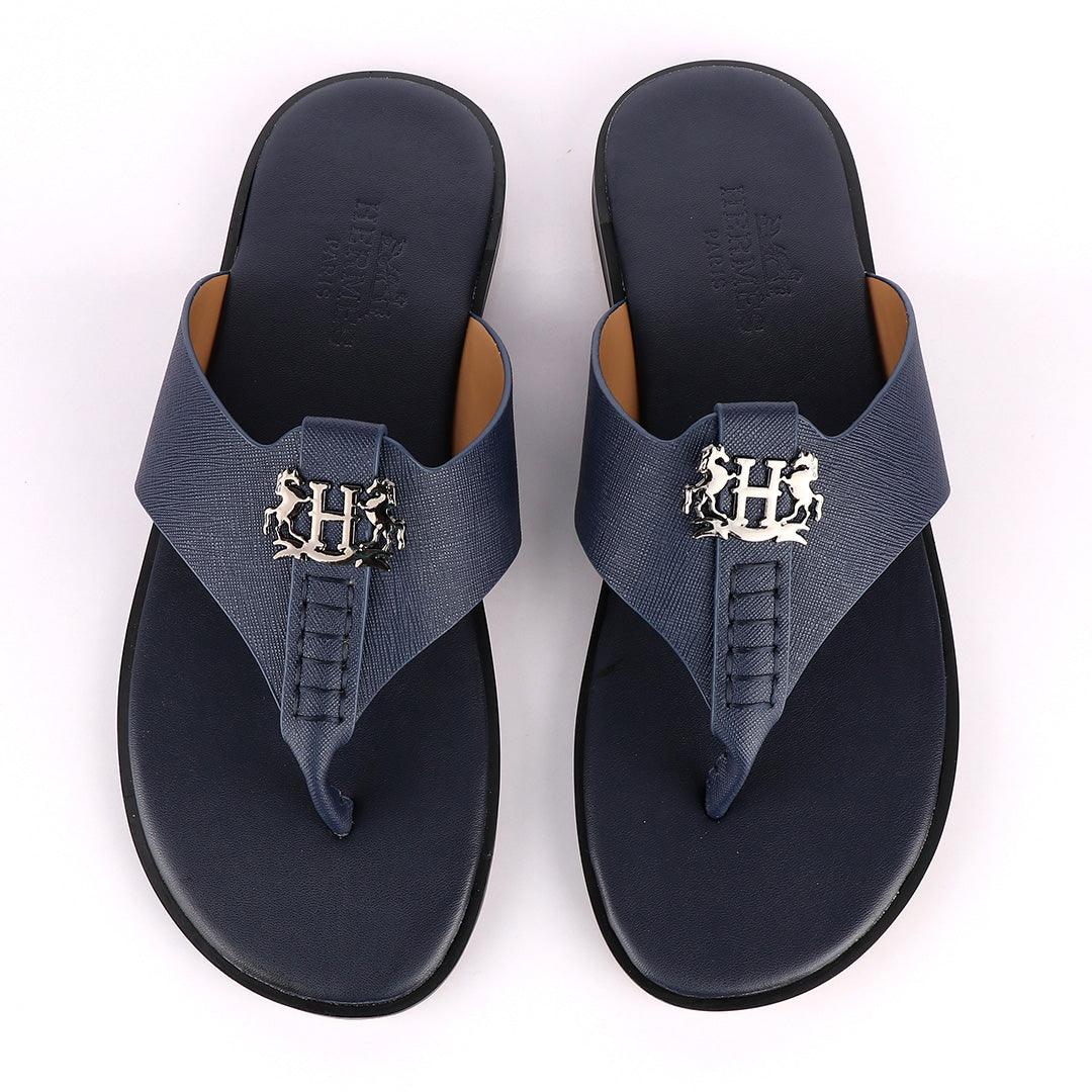Hermes Paris With Logo Blue Leather Slippers - Obeezi.com
