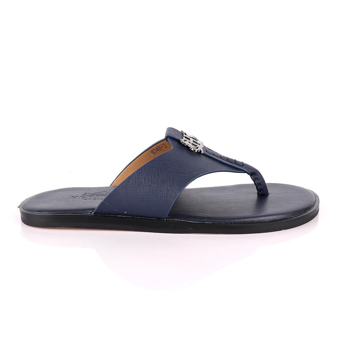 Hermes Paris With Logo Blue Leather Slippers - Obeezi.com