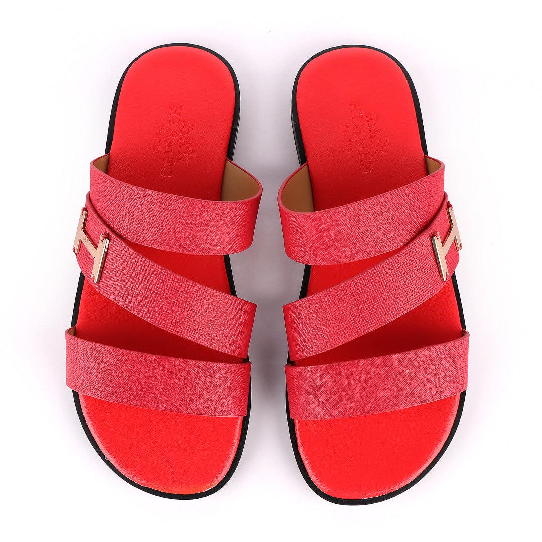 Hermes Paris With Logo Red Leather Slippers - Obeezi.com