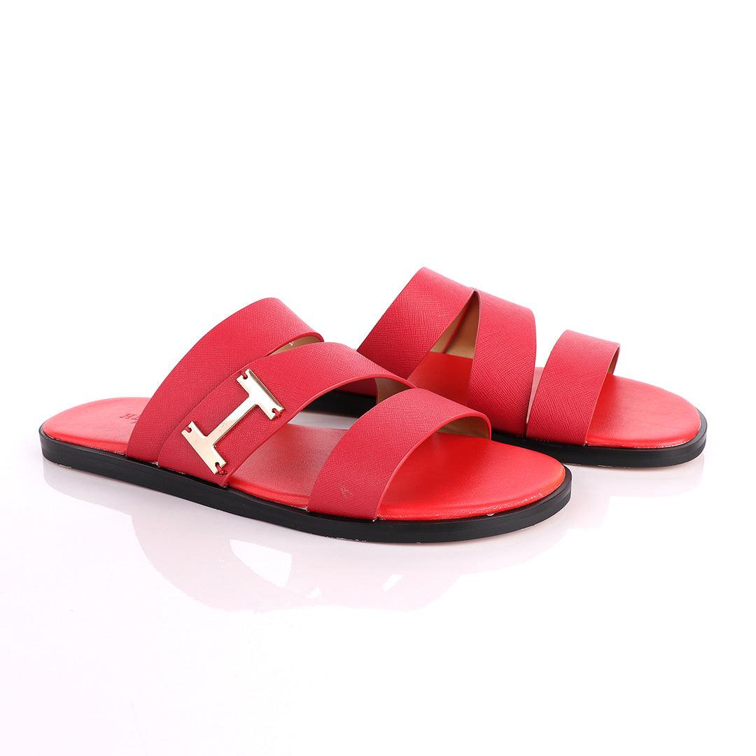 Hermes Paris With Logo Red Leather Slippers - Obeezi.com