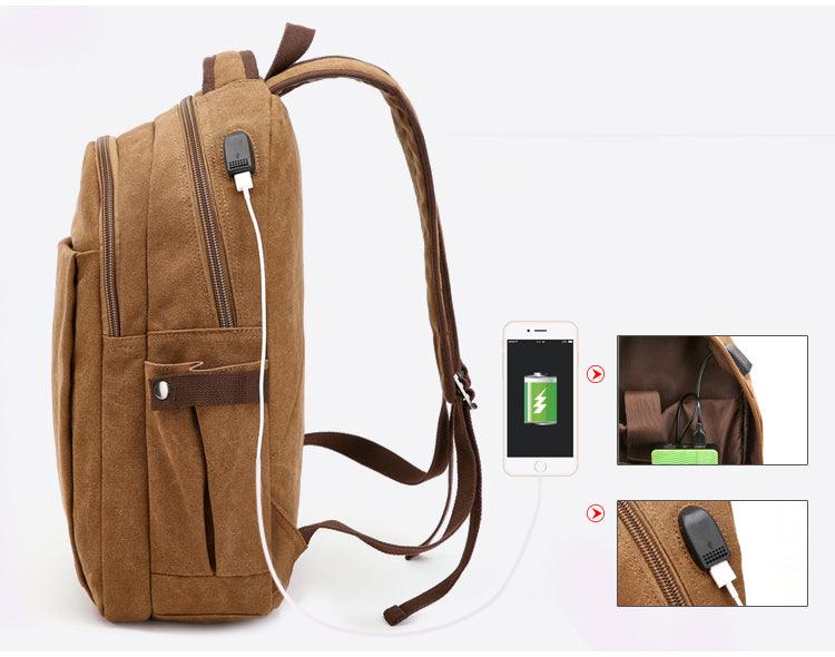 Hiking Canvas Large Capacity Backpack With Usb Charging Ports Khaki Bags - Obeezi.com