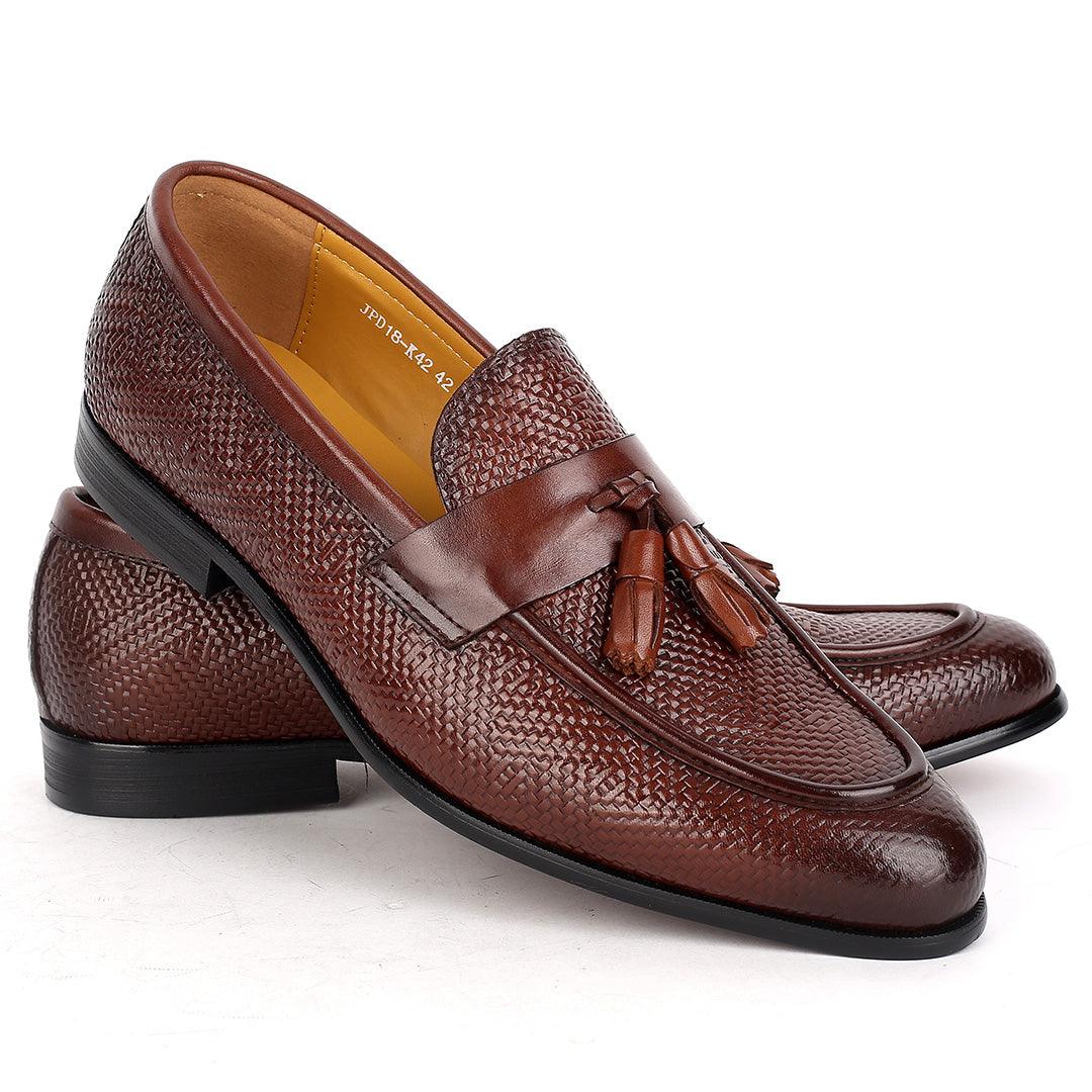 J.M Weston Classic Brown Woven Leather Textile Designed Shoe - Obeezi.com