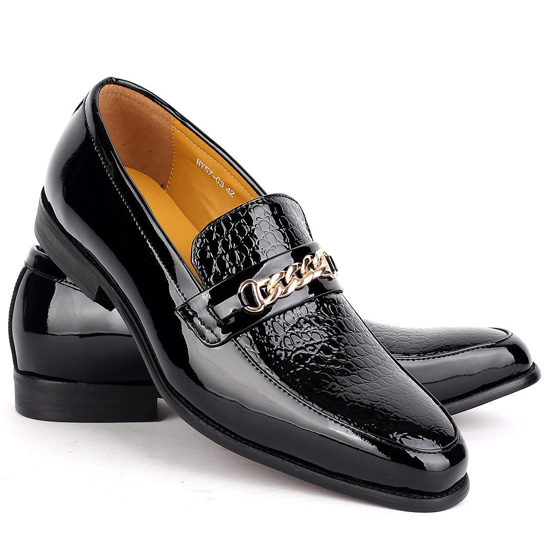 J.M Weston Classic Men's Glossy Shoe With Croc Top and Gold Chain Design - Obeezi.com