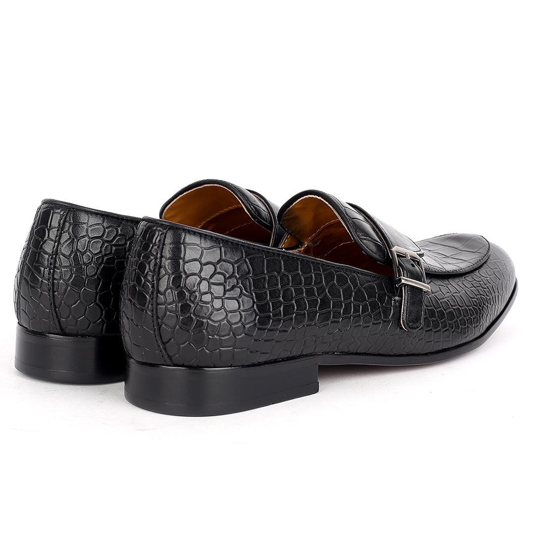 J.M Weston Classy Black Belted Croc Designed Shoe - Obeezi.com