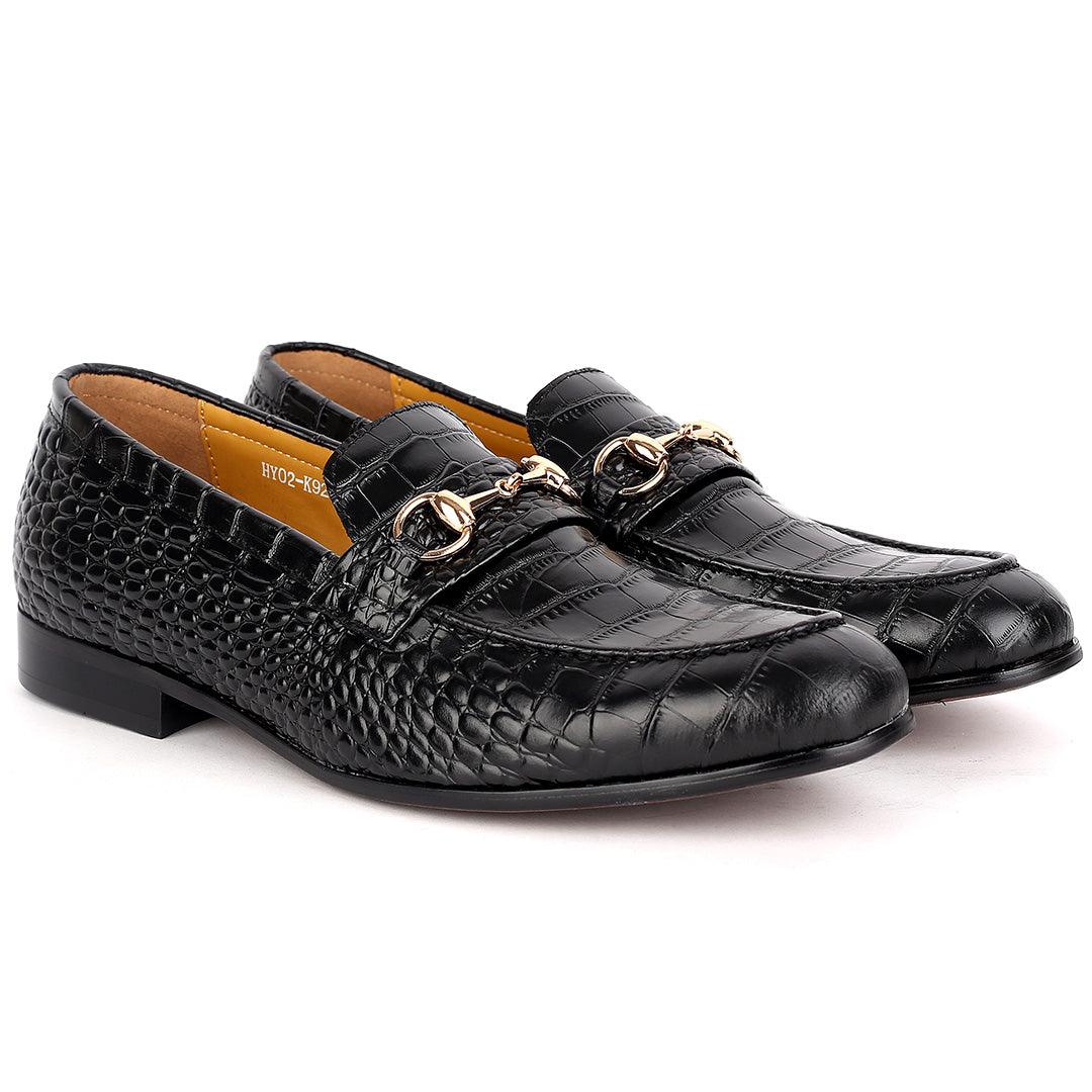 J.M Weston Classy Black Croc Leather Shoe With Gold Chain Design - Obeezi.com