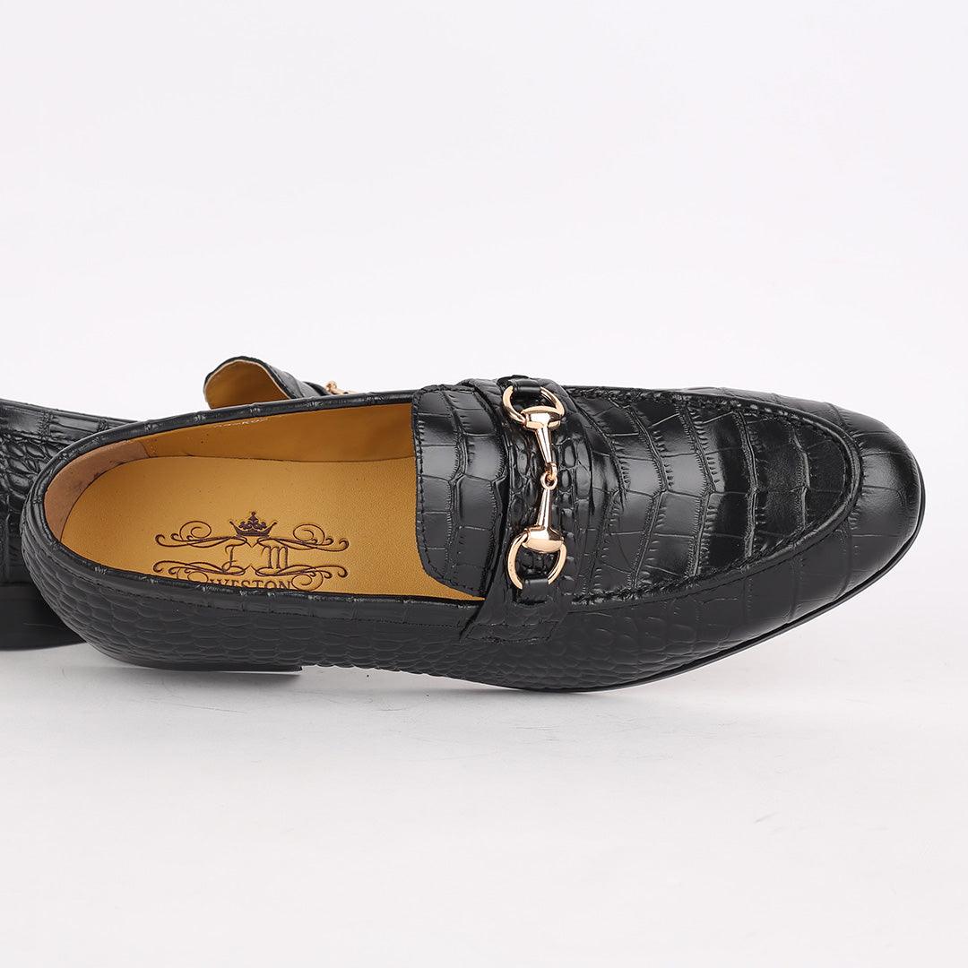 J.M Weston Classy Black Croc Leather Shoe With Gold Chain Design - Obeezi.com