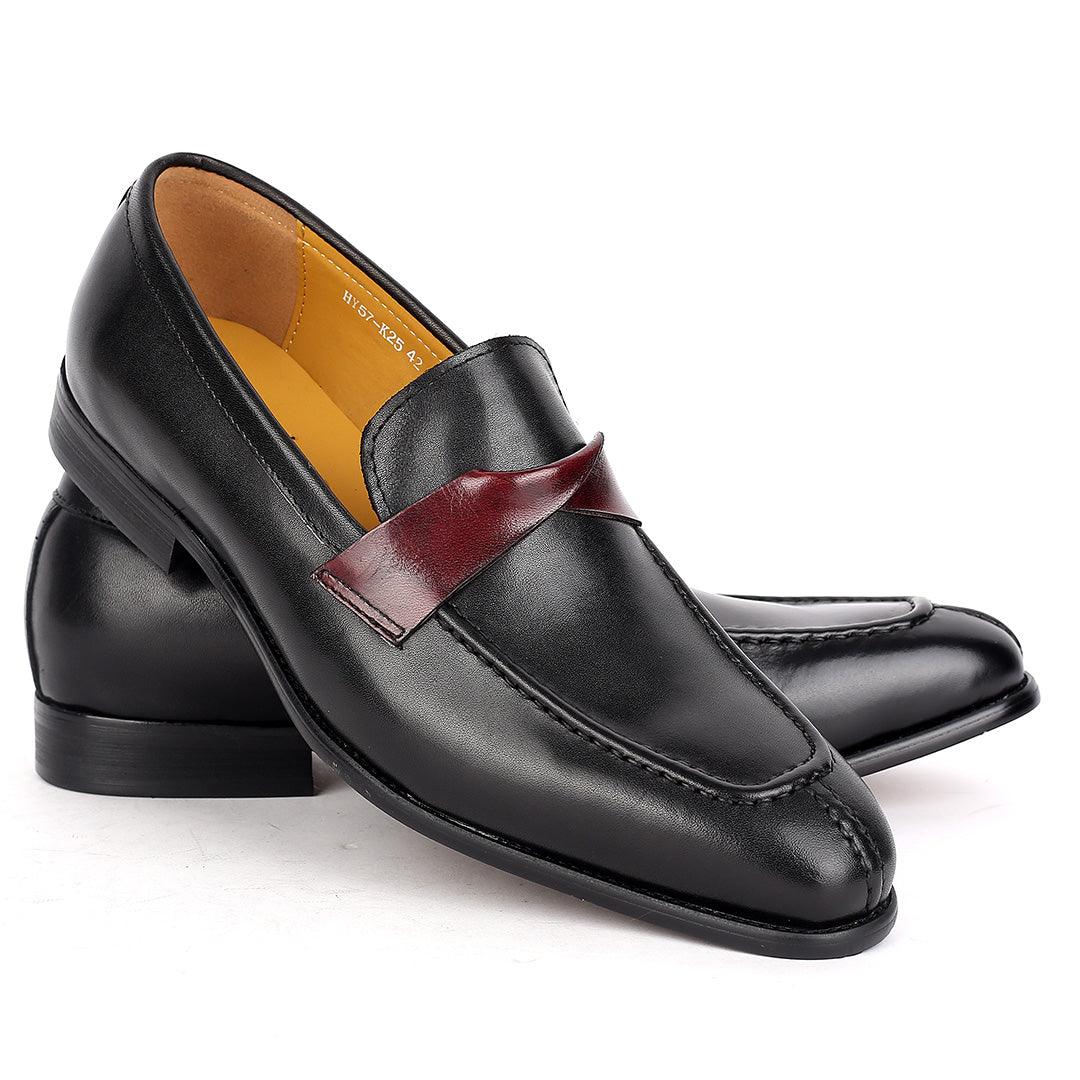 J.M Weston Classy Black Leather Shoe with Brown Twisted Belt Design - Obeezi.com