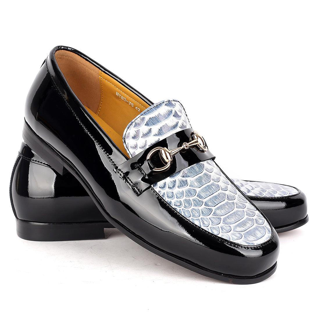 J.M Weston Elegant Black Glossy Loafers Shoe With Croc Designed Top - Obeezi.com