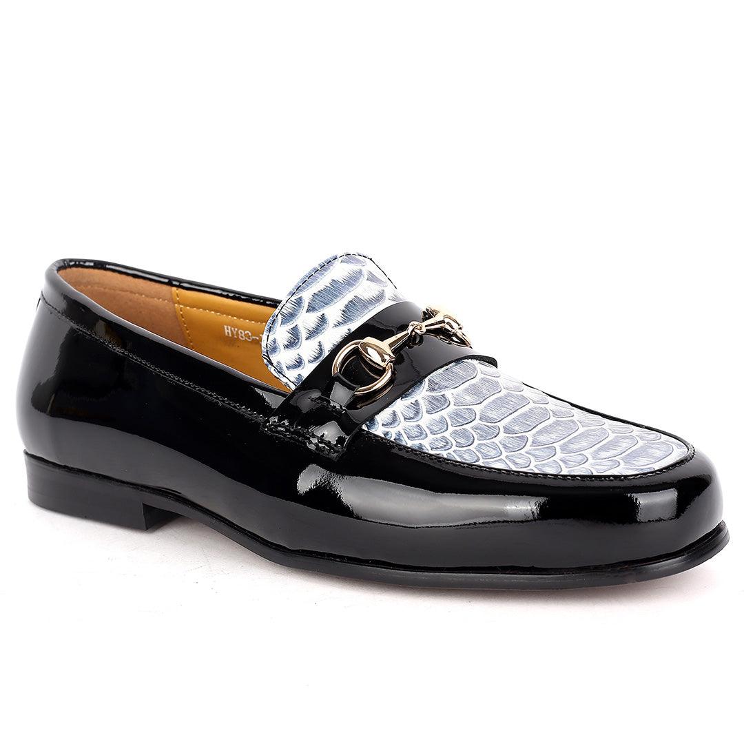 J.M Weston Elegant Black Glossy Loafers Shoe With Croc Designed Top - Obeezi.com