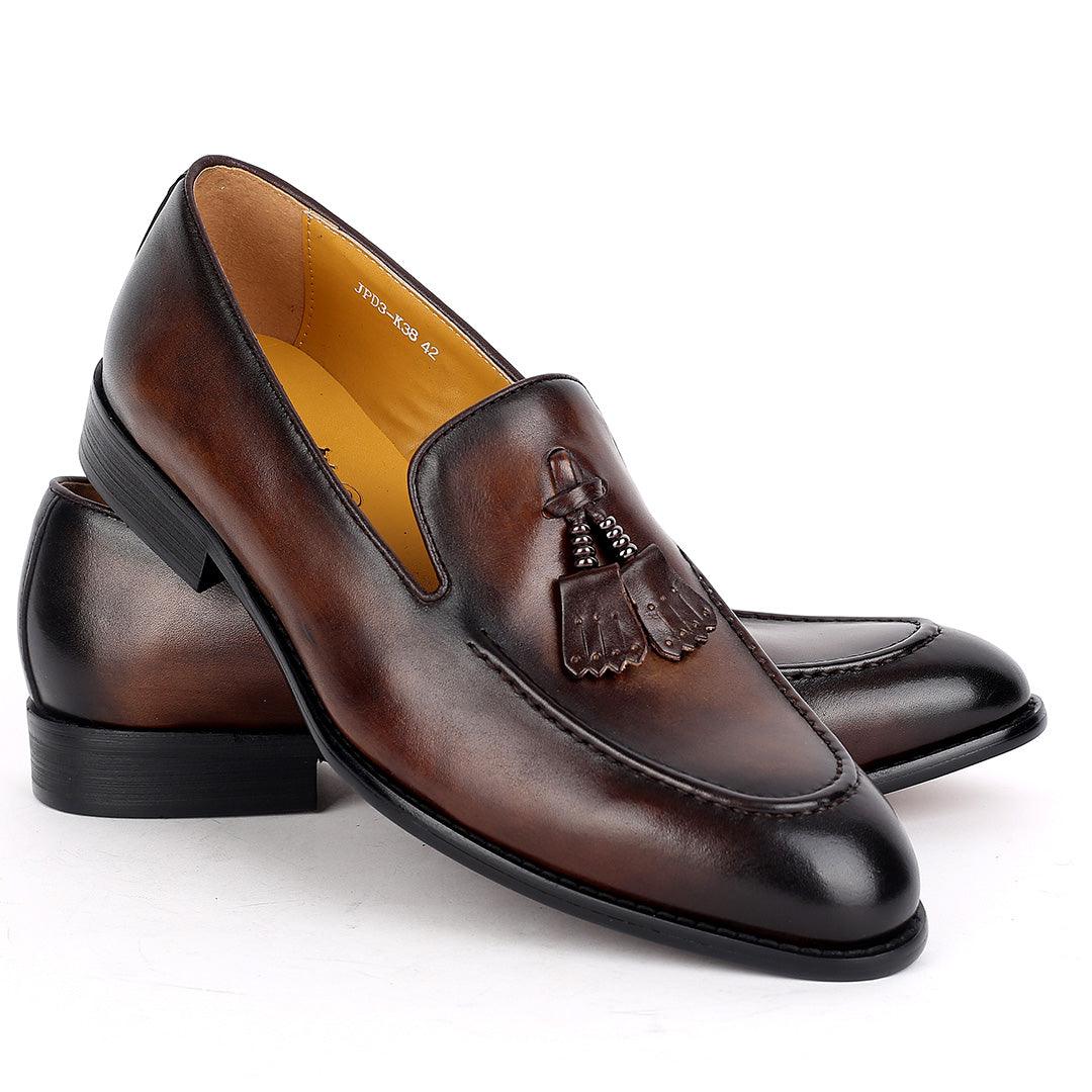 J.M Weston Exquisite Coffee Leather Shoe with Textile Design - Obeezi.com
