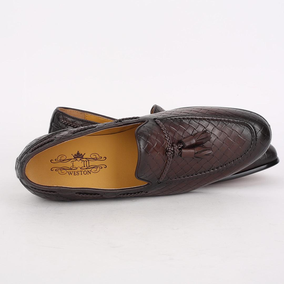 J.M WESTON Exquisite Woven Leather Shoe with Textile Design - Obeezi.com