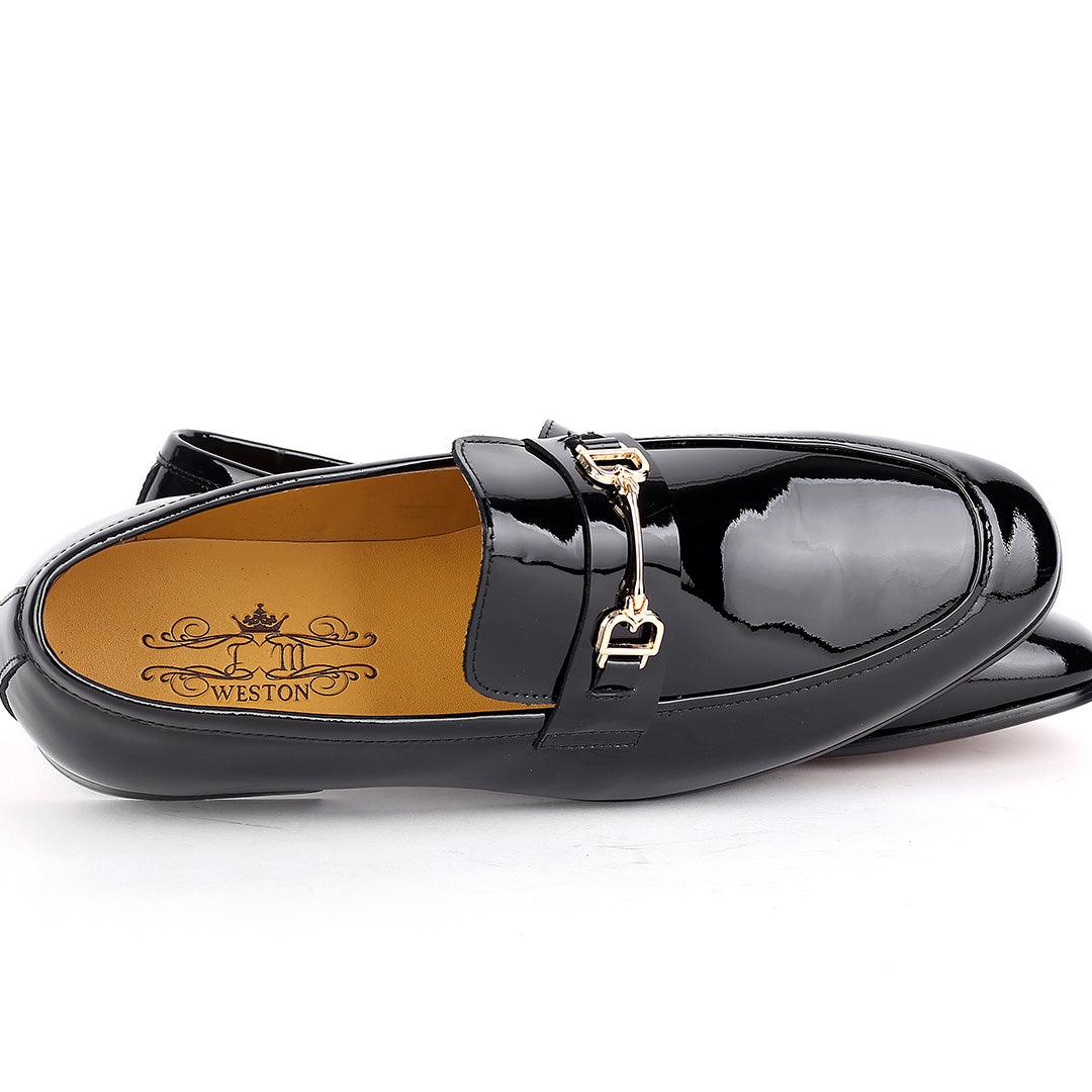 J.M Weston Glossy Black Royal Shoe With Gold Logo Design - Obeezi.com