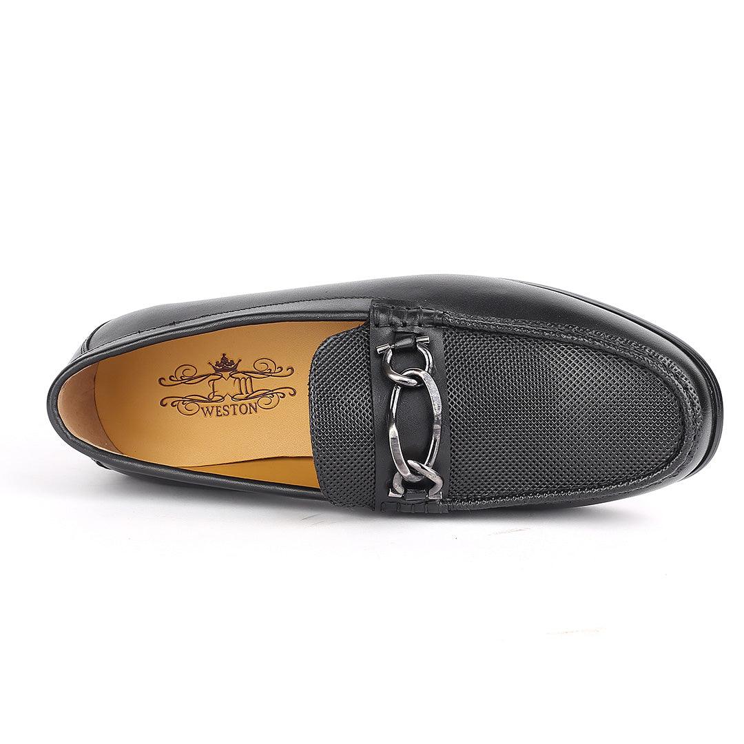 J.M Weston Men's Solid Black Loafers Shoe with Mini Woven Design - Obeezi.com