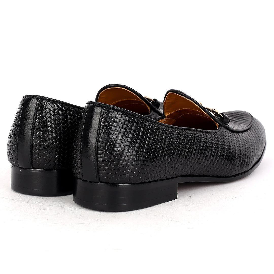 J.M Weston Solid Black Woven Leather Shoe with Gold Chain Design - Obeezi.com