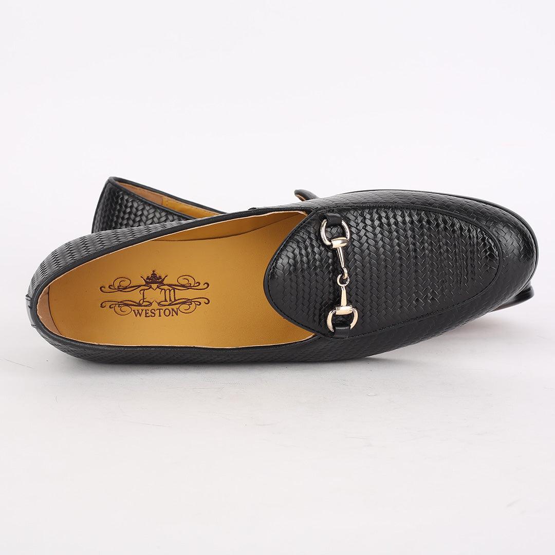 J.M Weston Solid Black Woven Leather Shoe with Gold Chain Design - Obeezi.com
