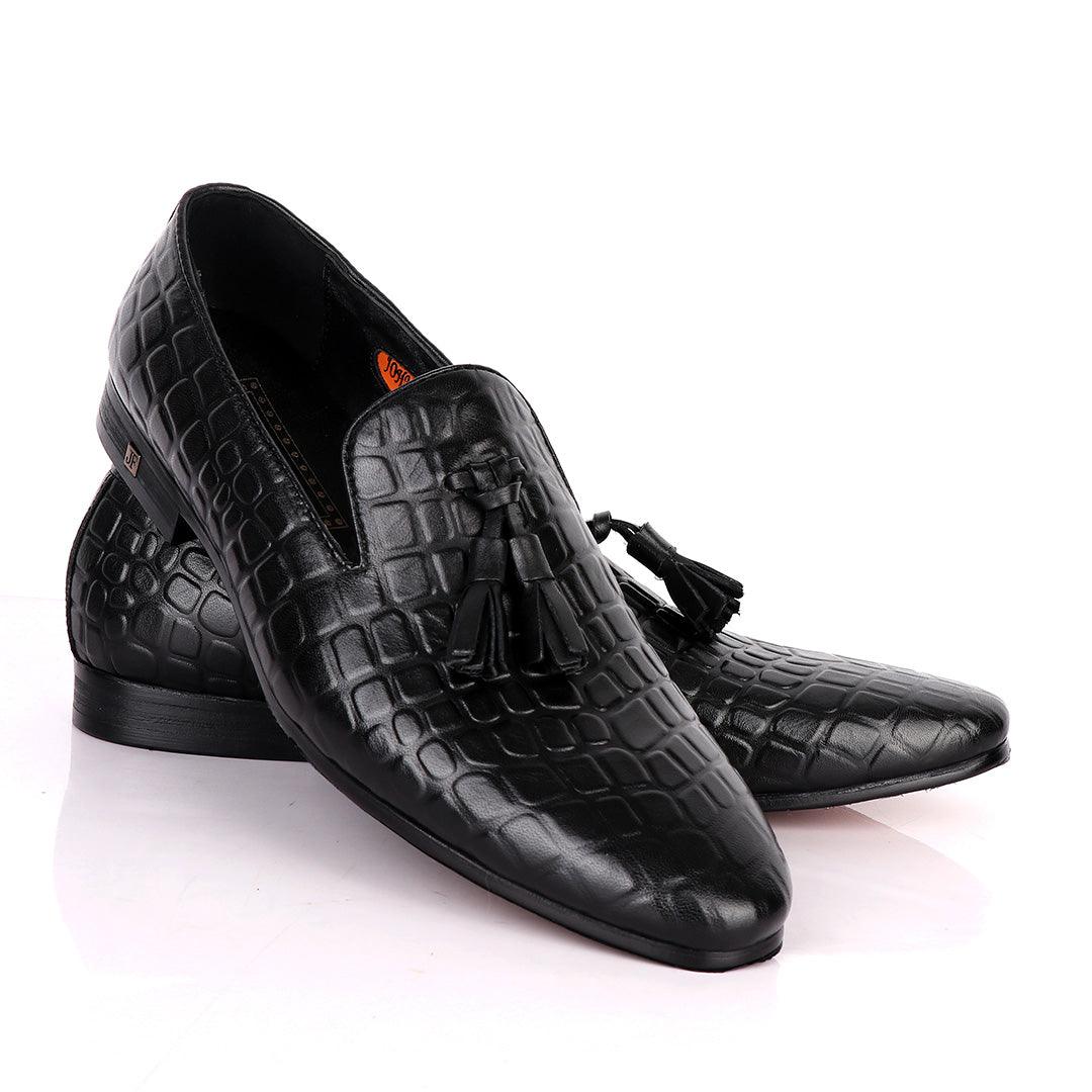 John Foster Block Design Leather With Tassel shoe- Black - Obeezi.com