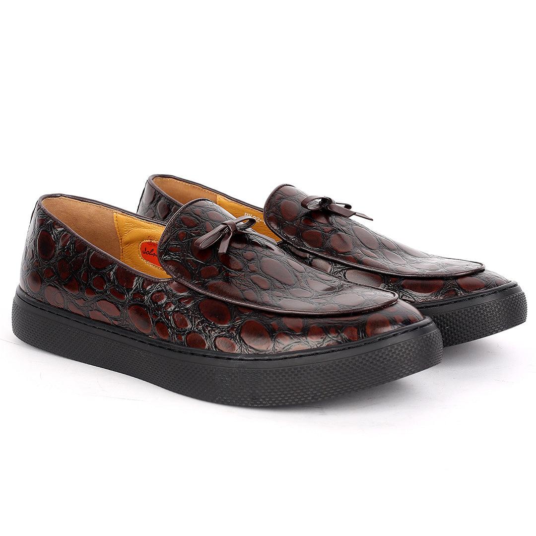 John Foster Brown Classic Croc Leather Loafers With Bow Front Design - Obeezi.com