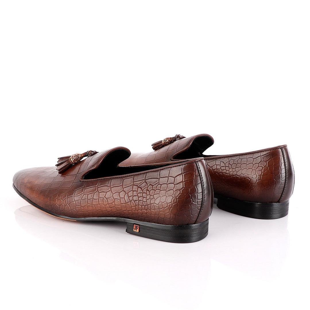 John Foster Brown Leather Croc Tassel Loafer - Obeezi.com