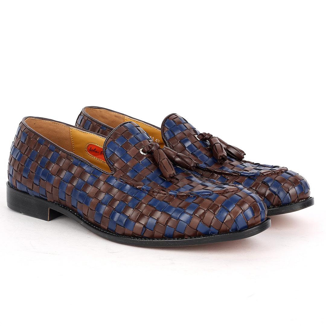 John Foster Classic Mat Patterned Coffee And Blue Leather Shoe - Obeezi.com