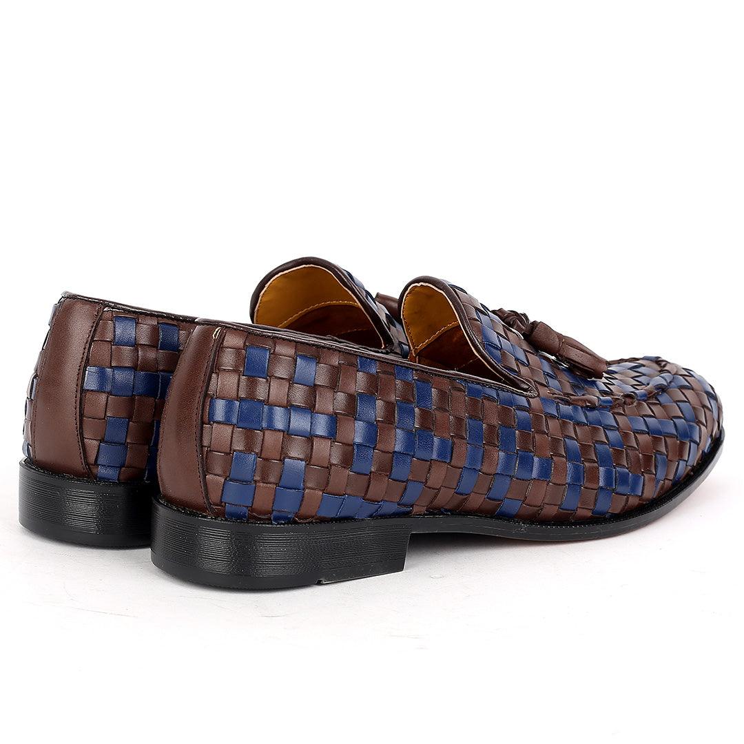 John Foster Classic Mat Patterned Coffee And Blue Leather Shoe - Obeezi.com