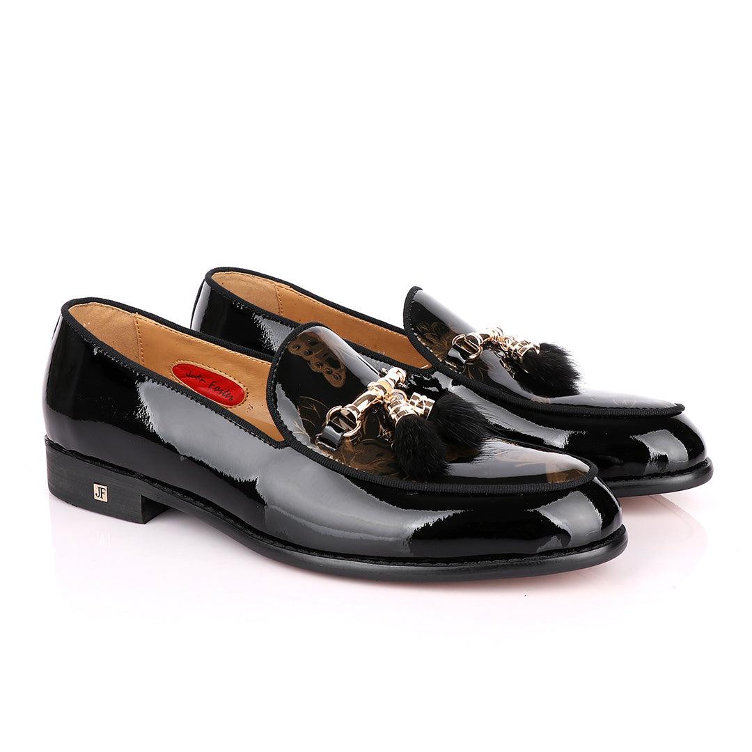 John Foster Classic wetlips Tassels Gold Chain Black Loafers Shoe - Obeezi.com