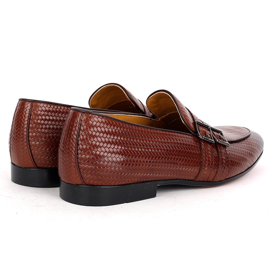 John Foster Classic Woven Brown Leather Shoe With Double Belt Design - Obeezi.com