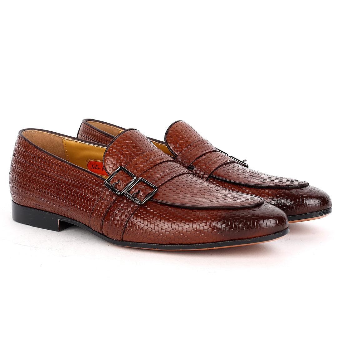 John Foster Classic Woven Brown Leather Shoe With Double Belt Design - Obeezi.com
