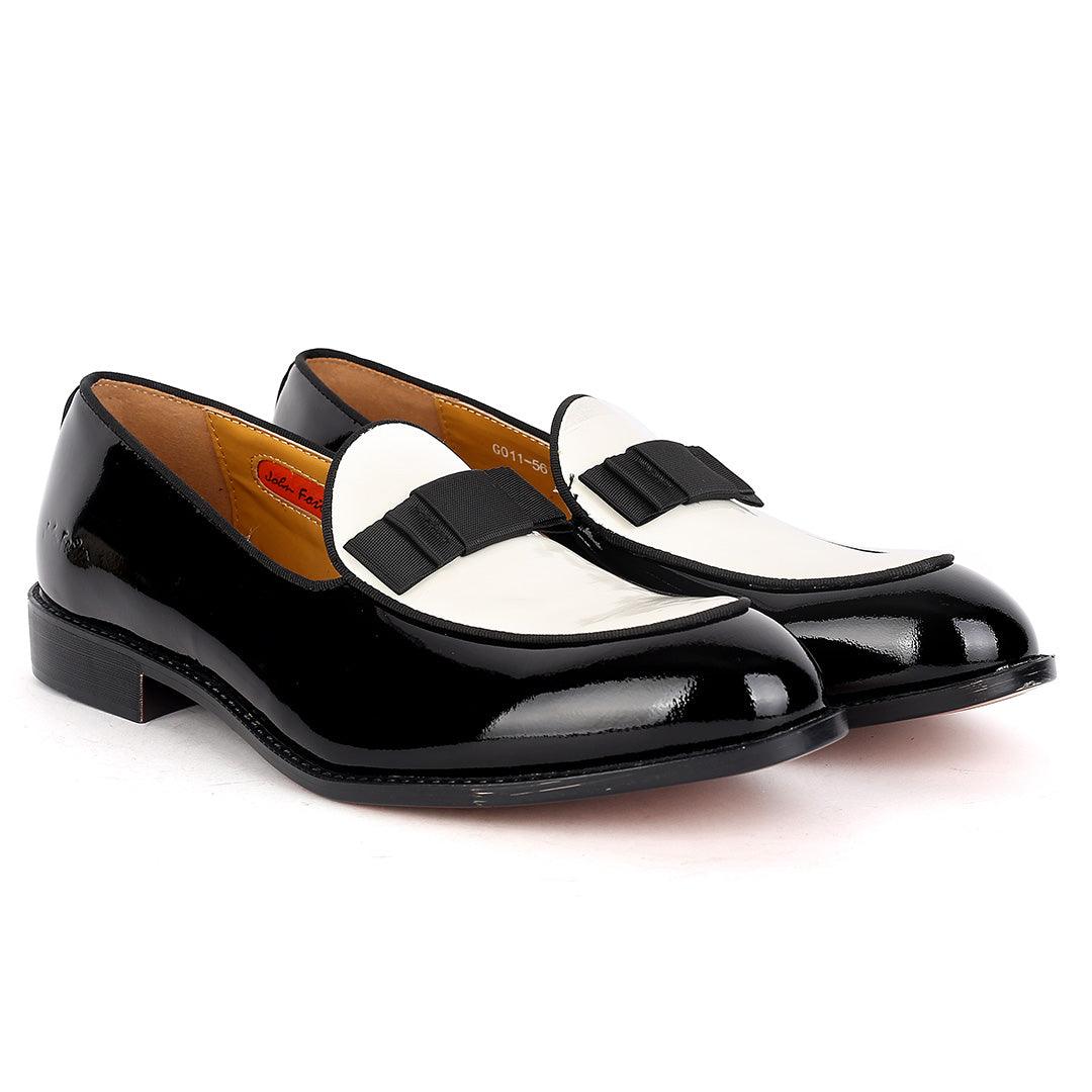 John Foster Classy Glossy Black And White Leather Shoe - Obeezi.com