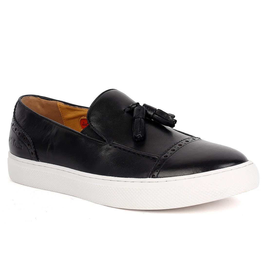 John Foster Classy Men's Black Loafers Shoe With Textile Design And White Sole - Obeezi.com