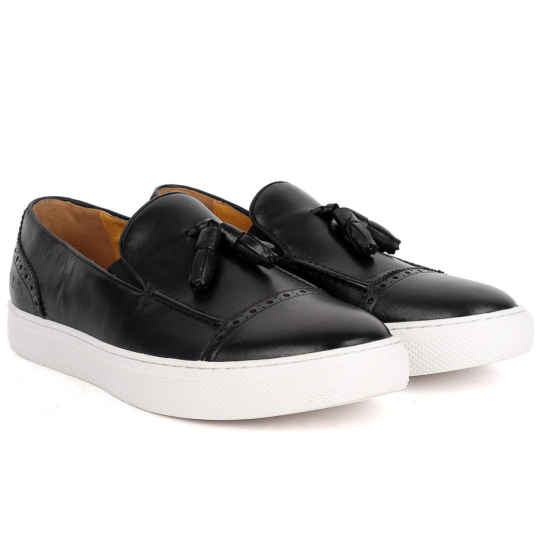 John Foster Classy Men's Black Loafers Shoe With Textile Design And White Sole - Obeezi.com
