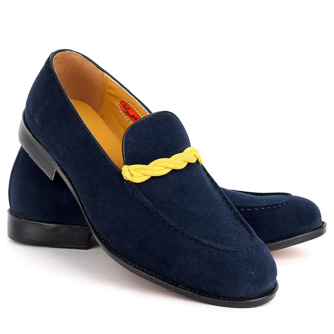 John Foster Classy Navy-Blue Suede Shoe With Yellow Twisted Rope Design - Obeezi.com