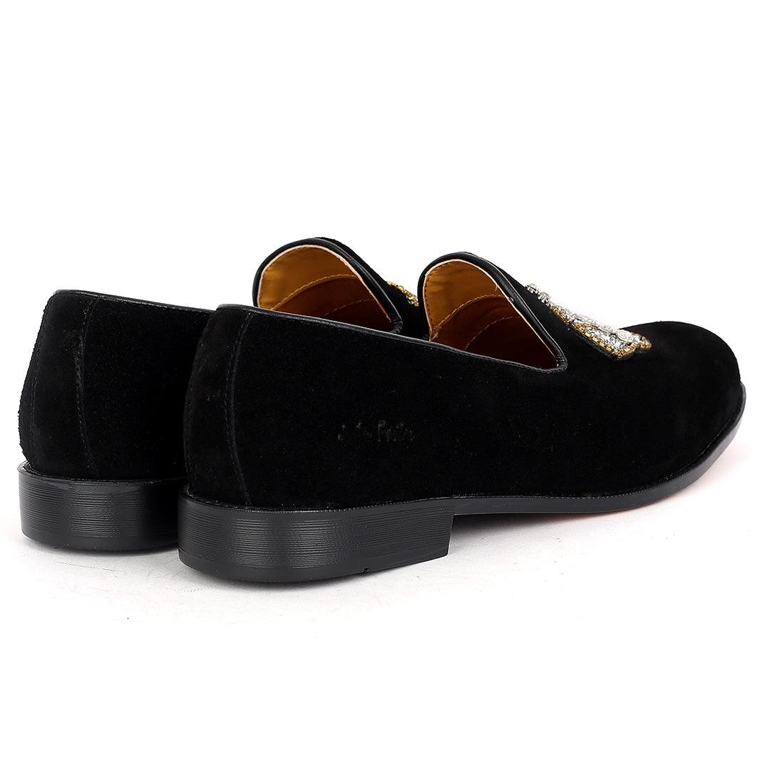 John Foster Classy Suede Leather With Stoned Royalty Crown Designed Shoe- Black - Obeezi.com