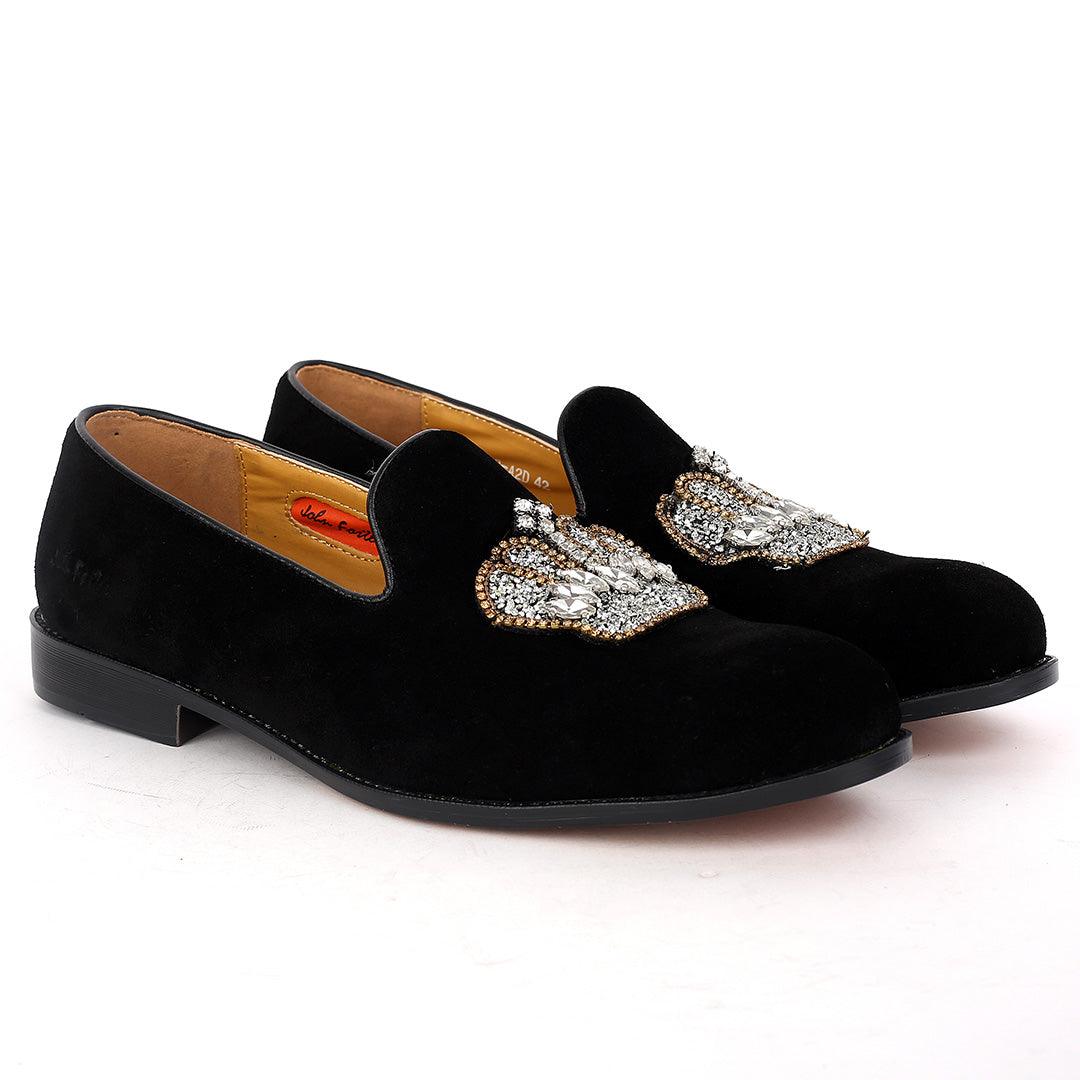 John Foster Classy Suede Leather With Stoned Royalty Crown Designed Shoe- Black - Obeezi.com