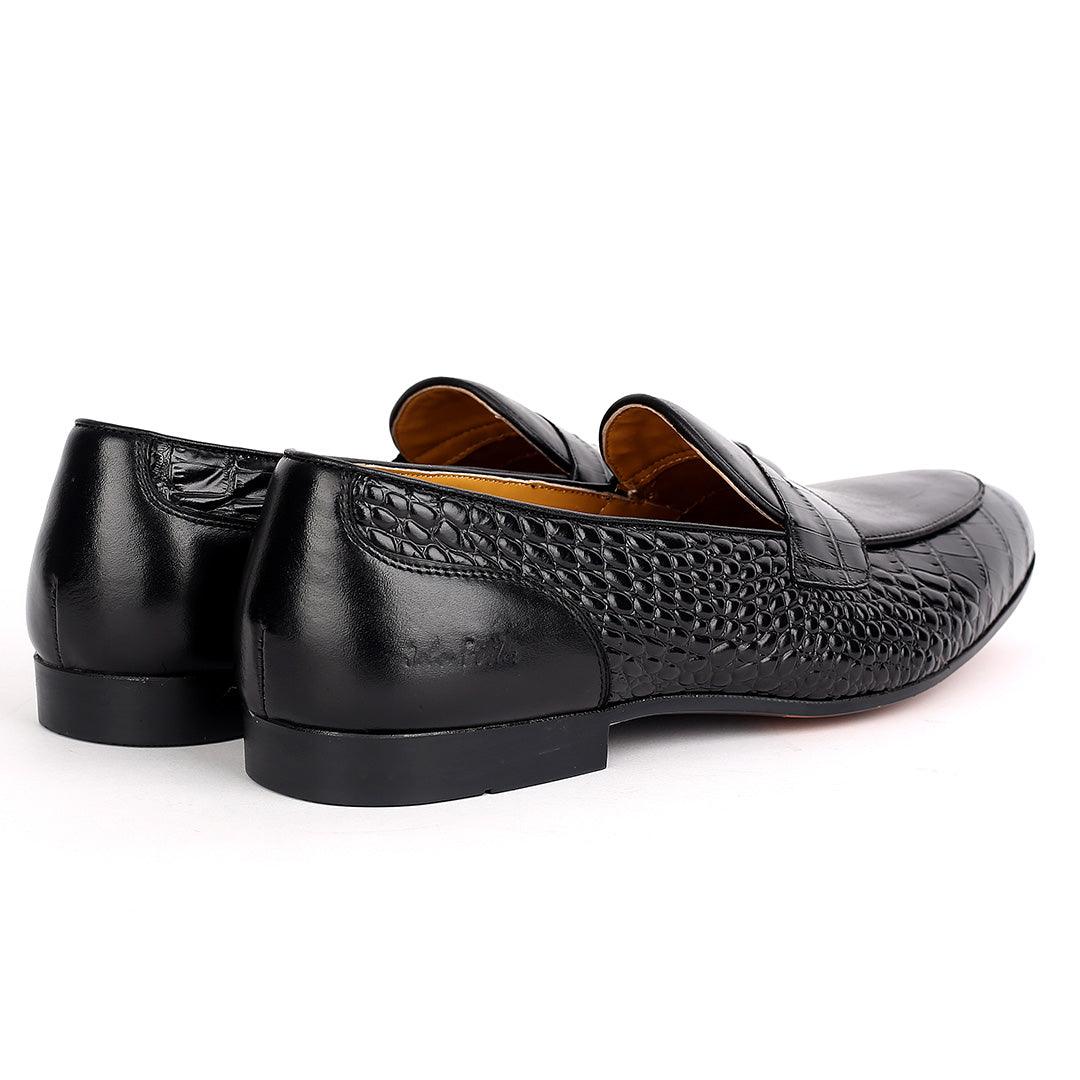 John Foster Croc Skin Single Belt Designed Men's Shoe -Black - Obeezi.com