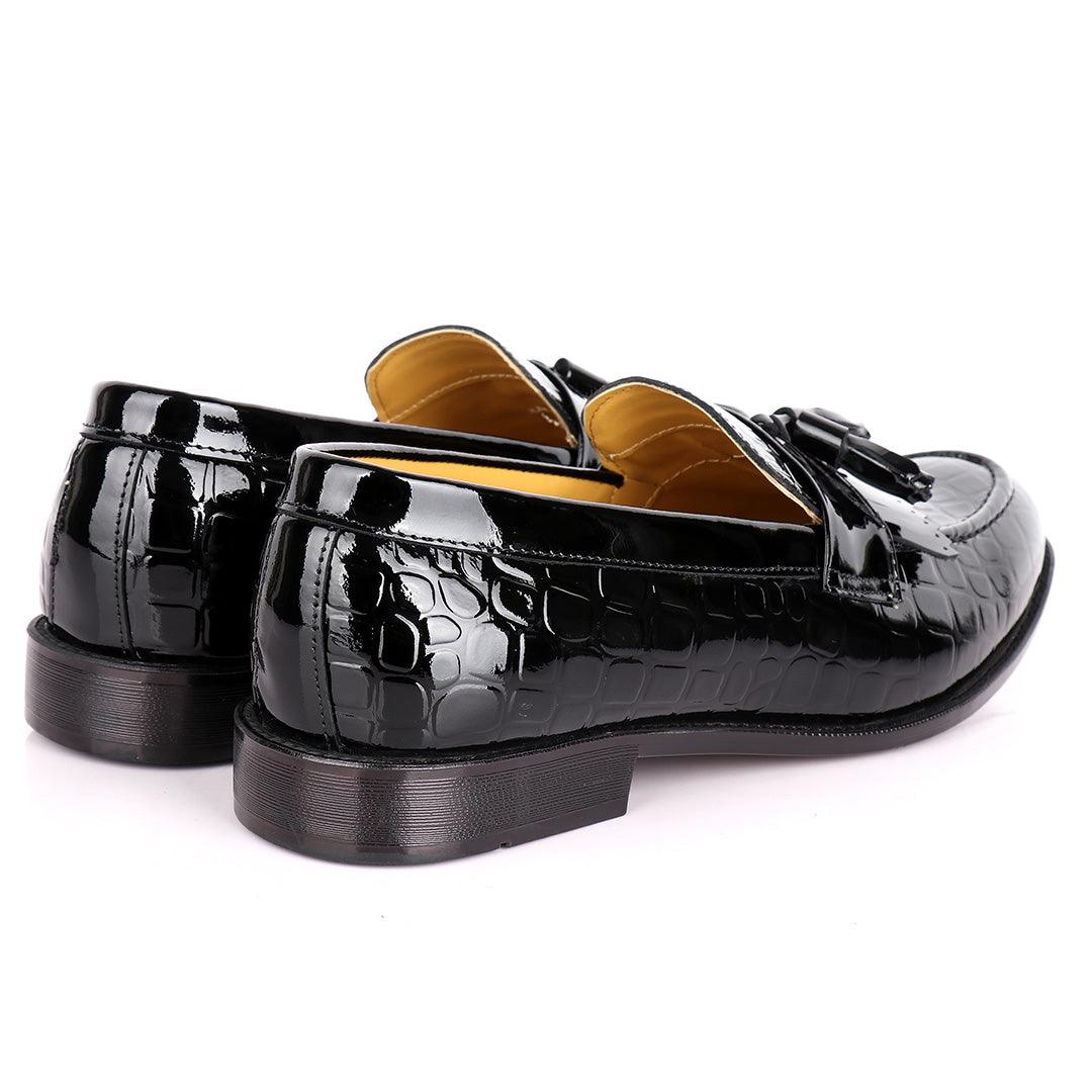 John Foster Crocodile Design Wetlips Leather Fringe And Tassel Shoe-Black - Obeezi.com