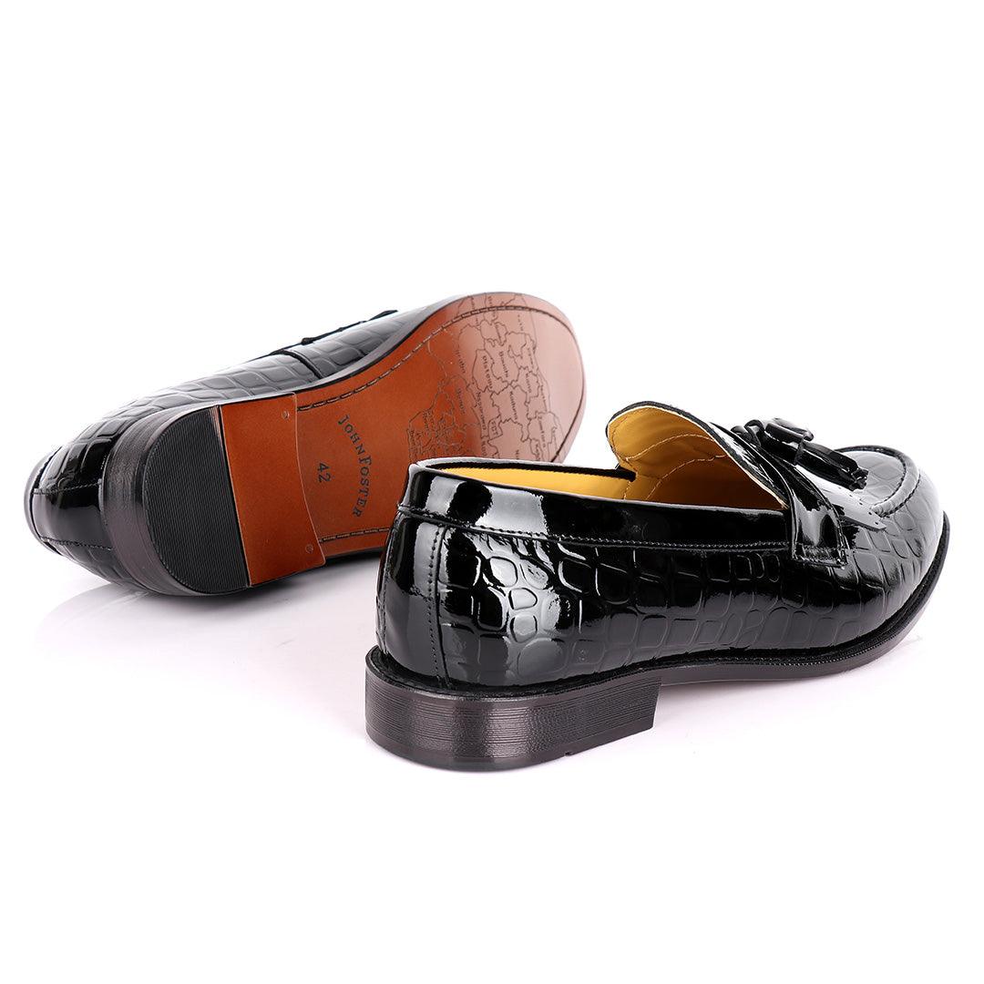 John Foster Crocodile Design Wetlips Leather Fringe And Tassel Shoe-Black - Obeezi.com