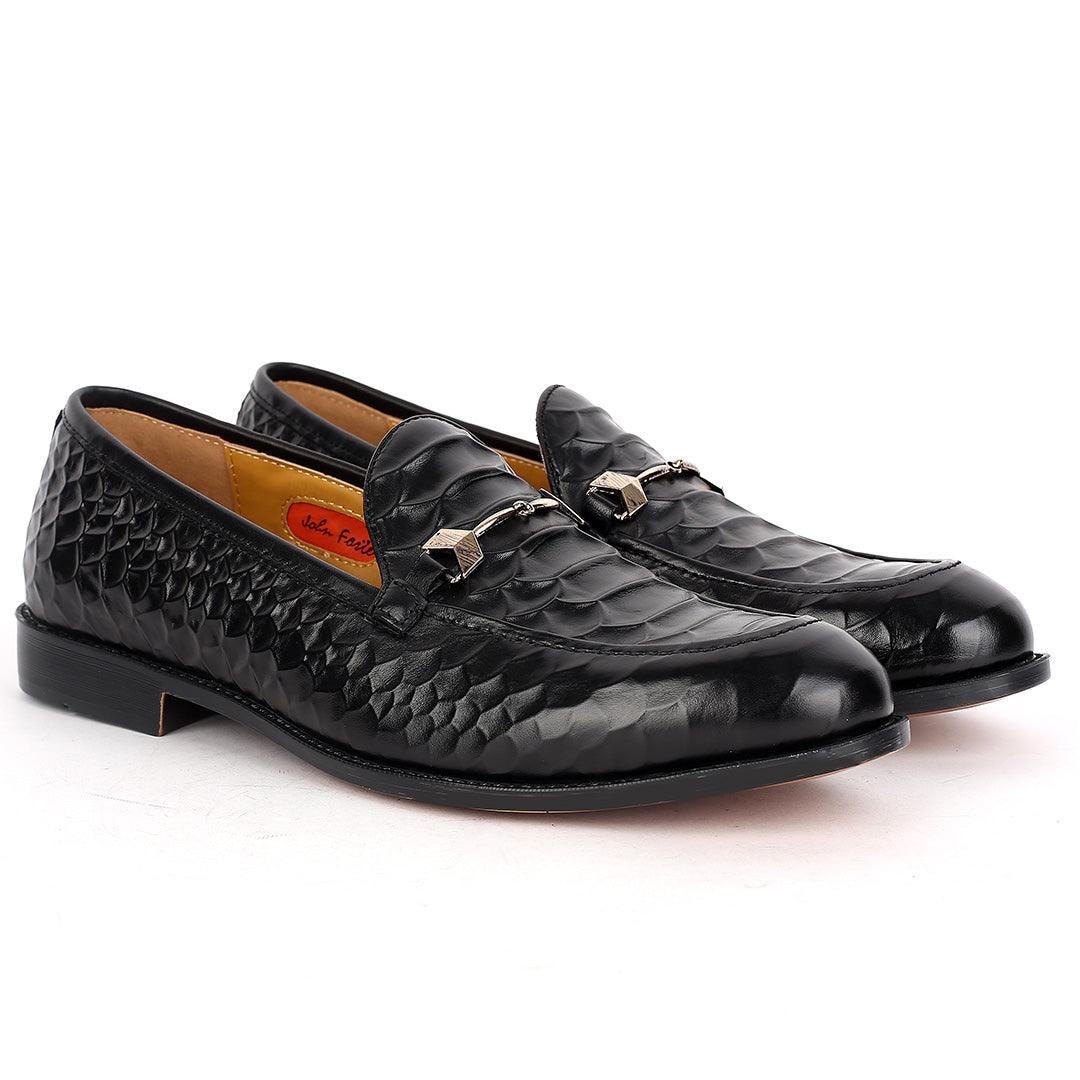 John Foster Crocodile Leather Designed Front Chain Men's Shoes -Black - Obeezi.com